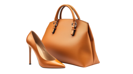 A chic orange high heel stands next to a matching handbag, creating a refined accessory duo perfect for elevating any stylish outfit.
