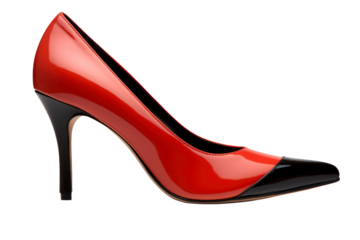 A glossy high heel shoe featuring a vibrant red body with a contrasting black toe cap, perfect for elevating any stylish ensemble at social gatherings.
