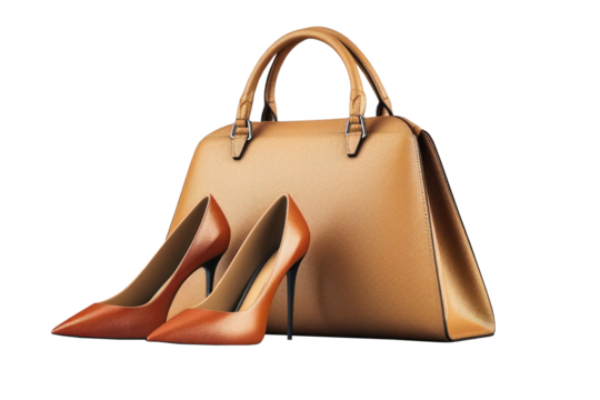 A gold handbag paired with elegant high-heeled shoes displays a chic fashion statement, perfect for enhancing any formal outfit while exuding sophistication.