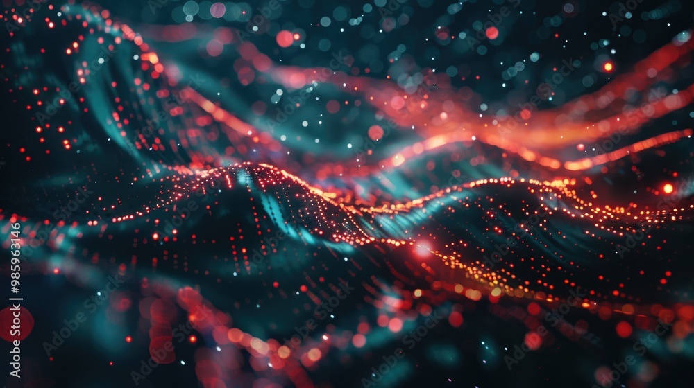 Poster blurry image of wavy red and blue lights with abstract shapes