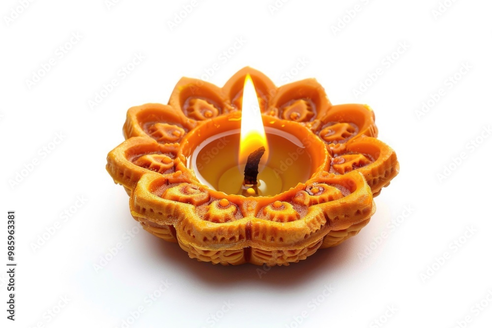 Poster a single candle is lit on a white surface, ideal for use in still life photography or as a decorativ