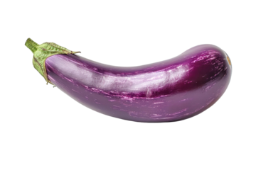 A vibrant purple eggplant is displayed on a white background, highlighting its smooth, glossy surface and distinctive shape, perfect for cooking and garnishing dishes.