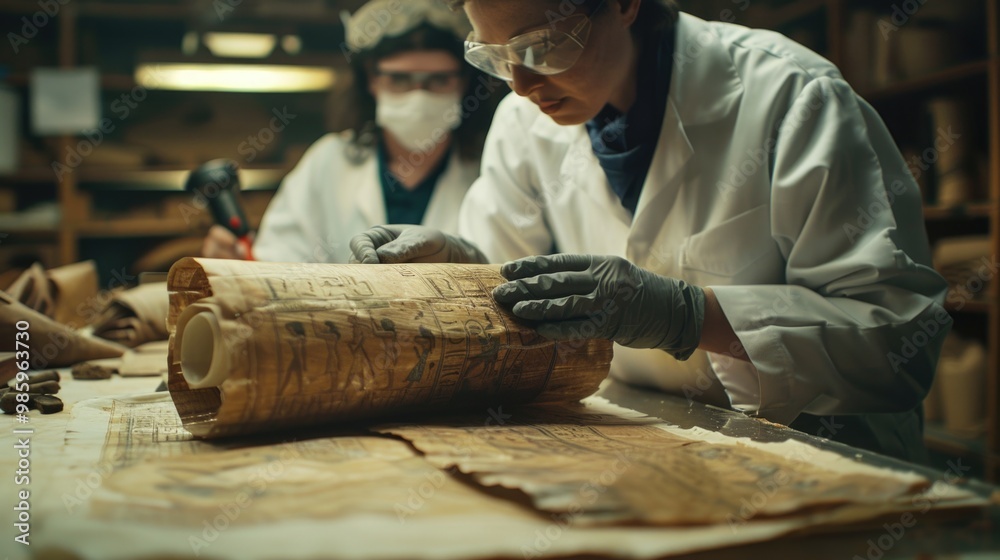 Leinwandbilder two scientists in lab coats examining and modifying a piece of wood in a laboratory setting
