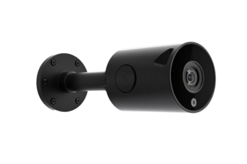 A sleek black outdoor security camera is securely mounted on a wall, providing enhanced safety features for residential surveillance and monitoring.