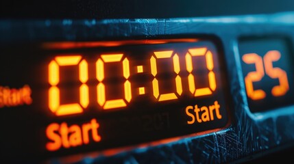 The digital countdown timer glows brilliantly, marking the start of an exciting moment. Its bright orange numbers signal readiness, adding anticipation to the atmosphere