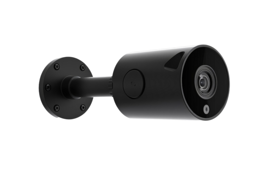 A sleek black outdoor security camera is securely mounted on a wall, providing enhanced safety features for residential surveillance and monitoring.