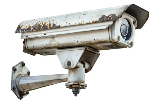 A security camera, showing heavy rust and deterioration, is installed on a wall, reflecting years of exposure to outdoor conditions in a city environment.