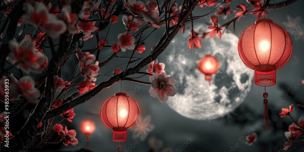 Poster A serene scene with two red lanterns hanging from a tree under a bright full moon