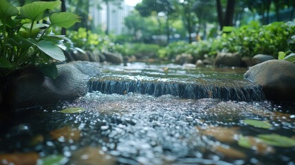 Fototapeta premium Peaceful park landscape with serene stream and lush greenery.