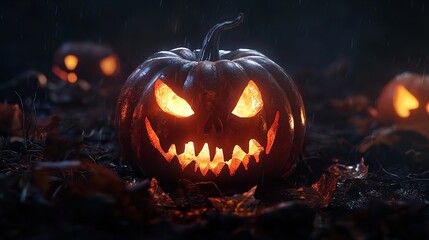 Halloween jack-o-lantern glowing face in the darkness