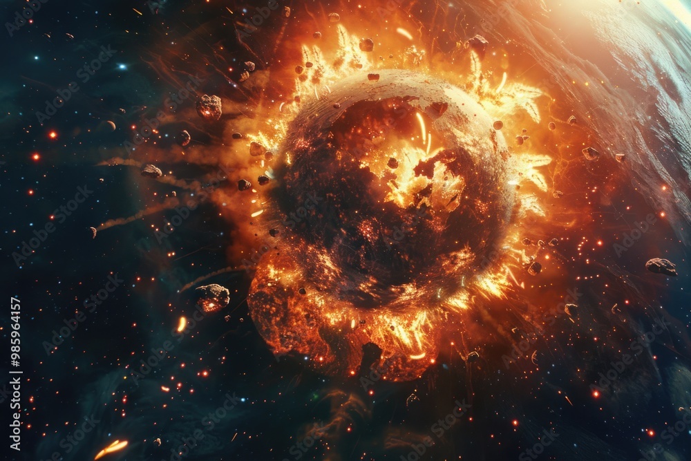 Poster a giant planet exploding in the vastness of space, with gas and debris flying outwards