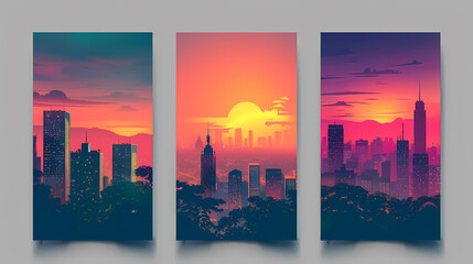 A series of three cityscape illustrations, each depicting a different sunset with vivid colors.
