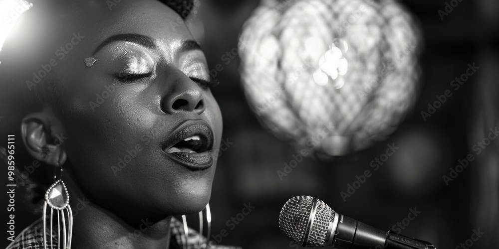 Poster a person singing into a microphone with eyes closed, perfect for music and performance-related proje