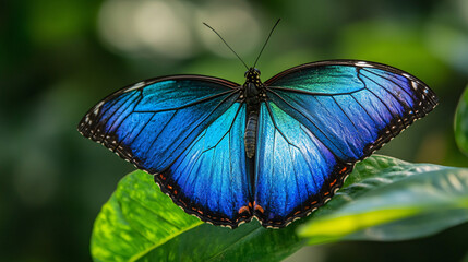 Blue Morpho Butterfly on Green Leaf