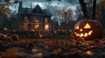 A whimsical Halloween scene featuring a witch in front of a glowing, pumpkin-decorated cottage.