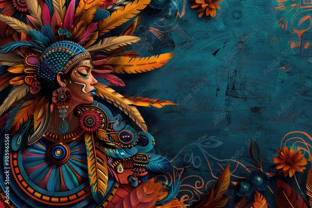 Poster a close-up view of a statue featuring a person wearing a distinctive headdress, perfect for use in h