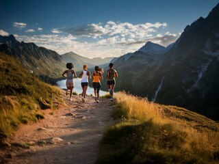 Obraz premium Four women are running up a mountain path in the daylight.