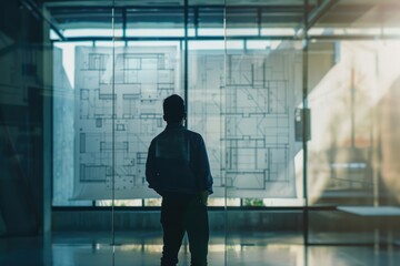 A person stands at a transparent glass partition, likely a office or home divider