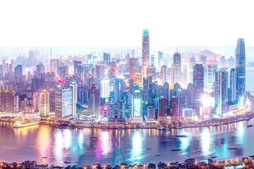 Obraz premium A city viewed from above, lit up at night, with tall buildings and busy streets