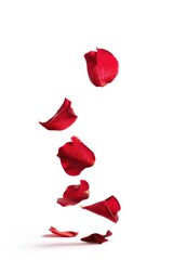 A cluster of red petals suspended in mid-air, free and unattached