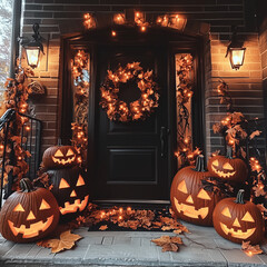 View of a house porch entrance door decorated for a Halloween celebration