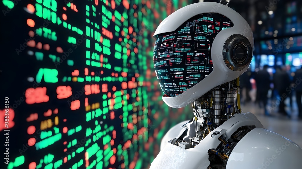 Poster binary market data being processed inside a robotic brain showcasing the power of ai driven digital 