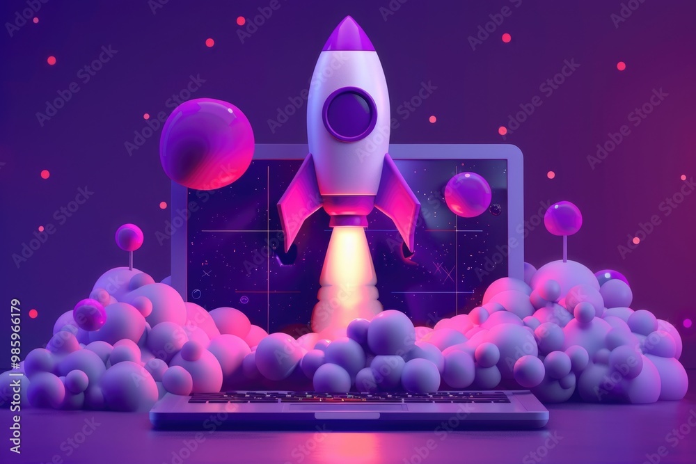 Poster a person using their laptop as a launchpad for a small rocket, perfect for sci-fi or tech-themed des