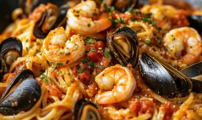 Fototapeta premium Shrimp, mussels, pasta, tomato sauce, and herbs.