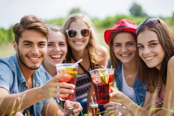 Obraz premium A group of friends laughing and having fun while drinking together, perfect for social media, party or friend gathering