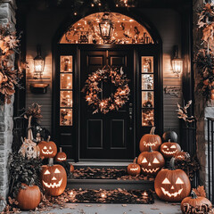 View of a house porch entrance door decorated for a Halloween celebration