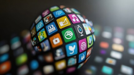 network icons on globe , black setting (close up, focus on, copy space)