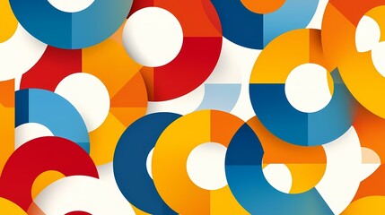 Obraz premium The image is an abstract design made of overlapping circles in blue, orange, and red with white space between. The circles are arranged in a dynamic pattern.