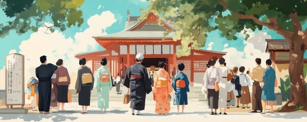 Naklejka premium Japanese Temple Visitors in Traditional Kimono