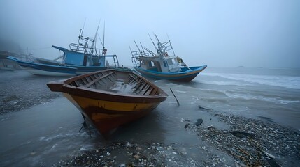 Naklejka premium Boats and fishing vessels thrown violently onto the shore demonstrating the extreme power and destruction wrought by a powerful typhoon at sea