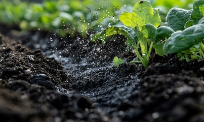 Water droplets fall on a plant in the soil.