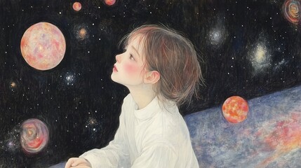Naklejka premium A detailed pencil illustration capturing the innocence and curiosity of a child as they gaze upon a mesmerizing night sky adorned with vibrant planets and twinkling stars.