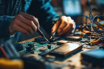 Close-up of a Technician's Hands Soldering a Circuit Board