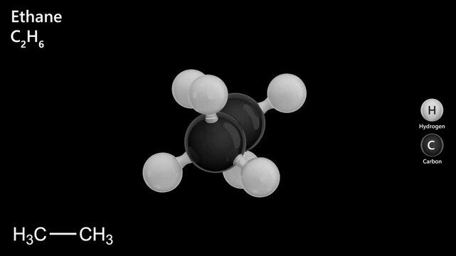 A 3D structure of the Ethane molecule with chemical formula C2H6. Ethane is a colorless, odorless gas. Its chief use is as feedstock for ethylene production. Black background. 3d render. seamless loop