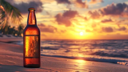 Breathtaking 3D Rendering of a Frosty Beer Bottle Sitting on a Pristine Tropical Beach Against a Stunning Sunset Sky Evoking a Sense of Relaxation Escape and Tranquility