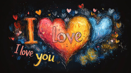 Colorful illustration of hearts with I love you message