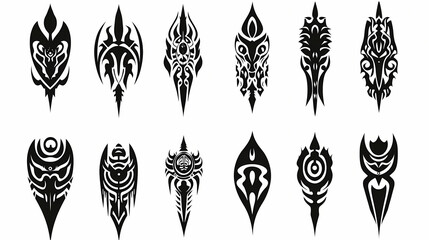 Tribal tattoo designs set. a collection of symmetrical black ink tribal patterns suitable for tattoos, decals, or graphic design. Tribal Art. Illustration