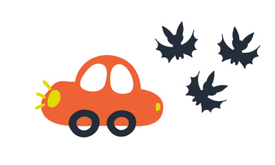Hand drawn Halloween vector illustration of a car running away from bats. Perfect for banner, cover, label, card, sale.