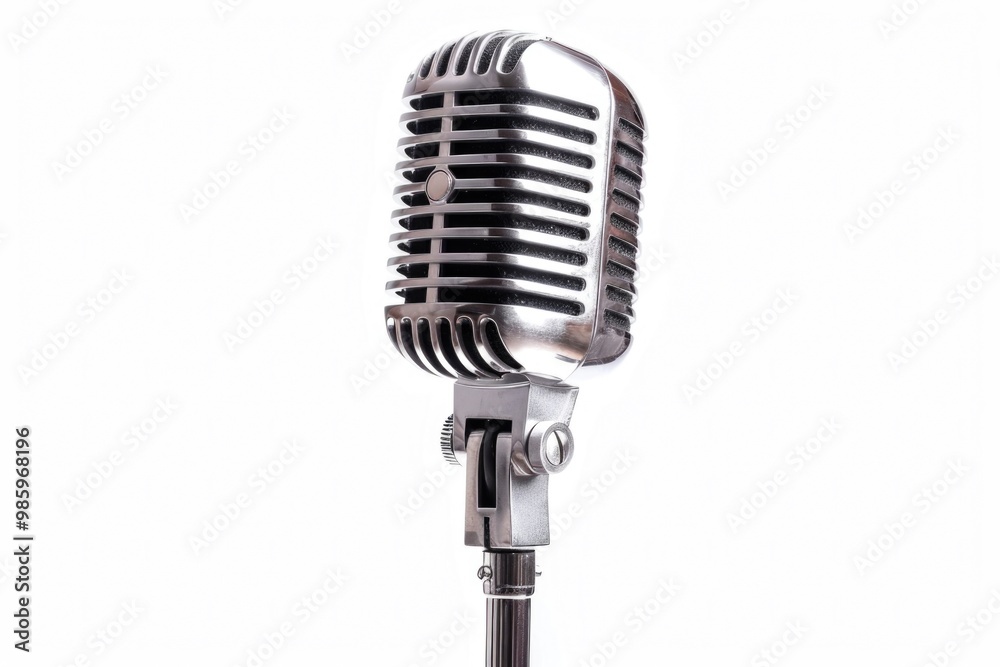 Poster close-up of an old fashioned microphone on a stand on a white background