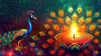 Fototapeta premium A majestic peacock stands next to a lit candle, showcasing its vibrant feathers