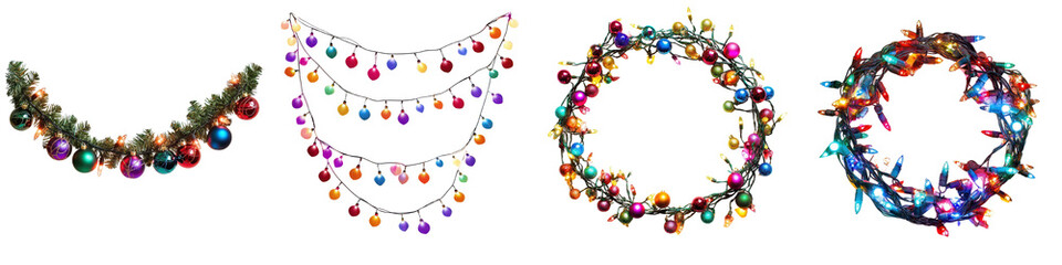 Naklejka premium Vibrant colorful Christmas wreaths hanging on a wall Festive holiday decor with sparkling lights ornaments and other traditional elements creating a joyful cozy and magical atmosphere