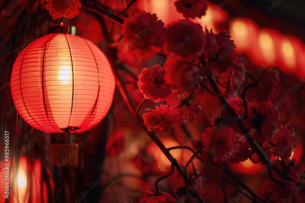 Poster A close-up view of a bright red lantern suspended from a tree branch