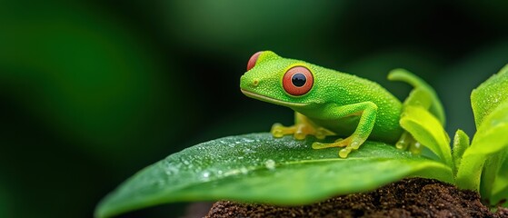 Obraz premium Vibrant Green Frog Perched on Lush Leaf in Tropical Environment