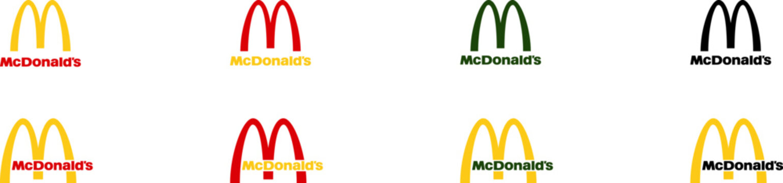Popular fast food restaurants logo set: McDonald's Fast food logo in color. McDonald's brand illustration. Editorial with American McDonalds logo in vector flat style.