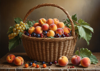 Bountiful harvest of colorful fruits in wicker basket on rustic wooden table.