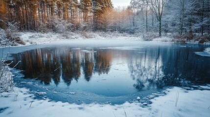 A Frozen Lake Reflected in a Winter Forest